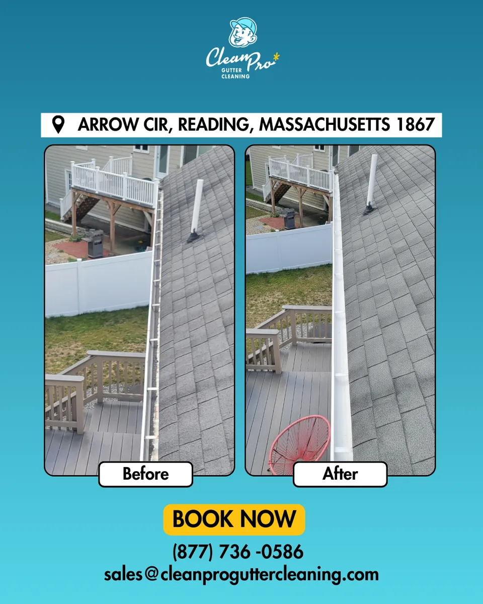 Before and after gutter cleaning in Reading, MA